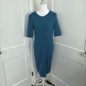 Diane Von Furstenberg Dress Womens 10 Blue Saturn Sheath Midi Zip Front Stretch